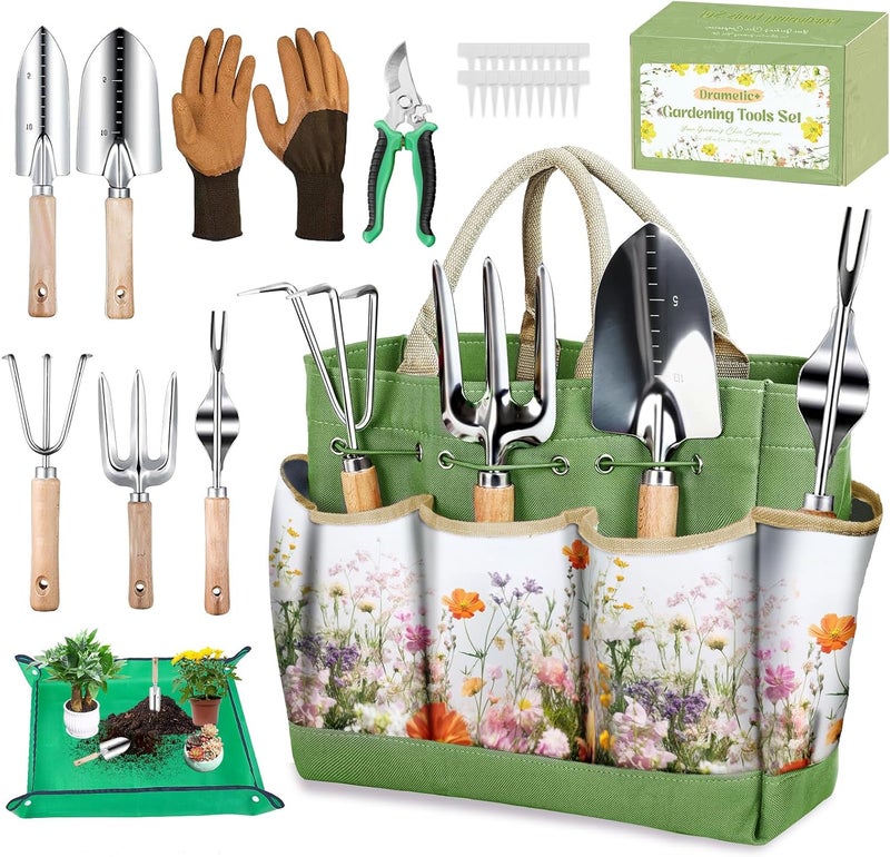 Drametic+ Gardening Tools Set for Women 29Pcs Heavy Duty Garden Hand Tools Set with Floral Tote Bag Rust-Proof Garden Tool Kit Supplies Gardening Esssential Gifts for Women Men - Image 1